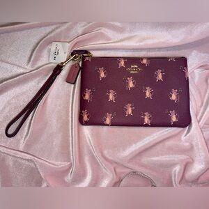 BNWT Authentic Coach Small Wristlet With Party Mouse Print – Dark Berry #38923